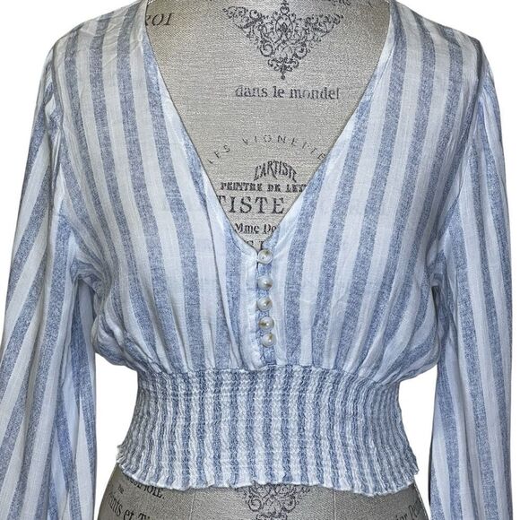 The Cove Long Flare Sleeve Striped Cropped Women's Top Blue White Small - Picture 2 of 13